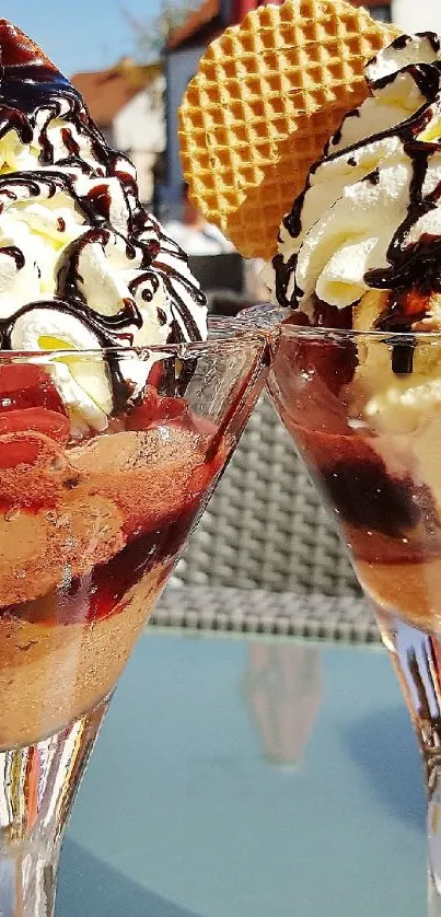 Two elegant ice cream sundaes in glass bowls with toppings.