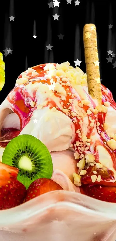 Colorful ice cream sundae with fresh fruits and wafer.