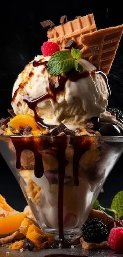 Ice cream sundae with chocolate syrup and berries.