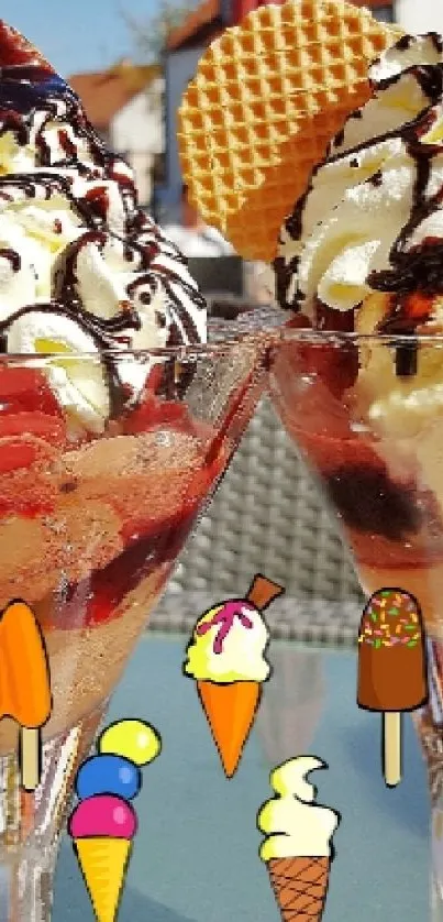 Ice cream sundaes with toppings in glass cups.