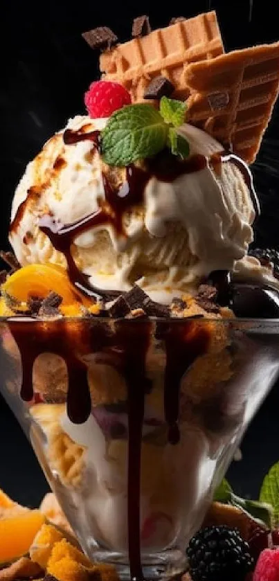 Decadent ice cream sundae with fruits and chocolate drizzle on black background.