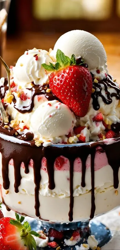 Ice cream sundae with strawberries and chocolate sauce.