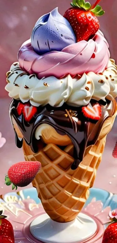 Ice cream cone with strawberry and chocolate on a pink backdrop.