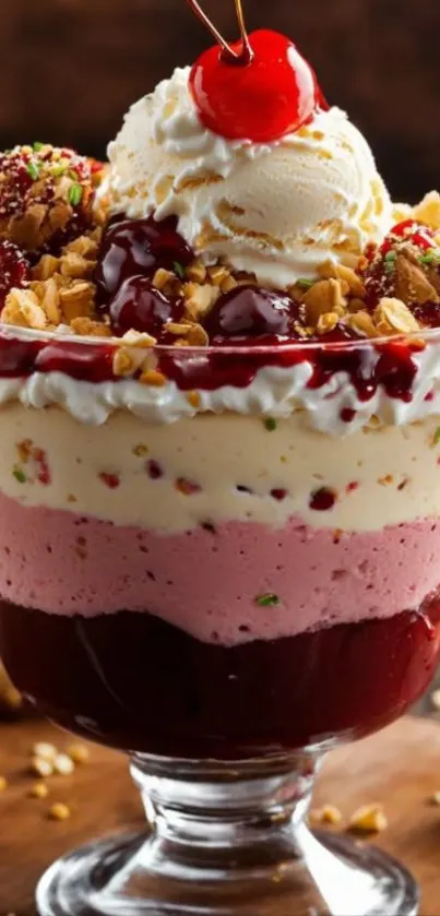 Ice cream dessert with cherry topping and cream in a glass.