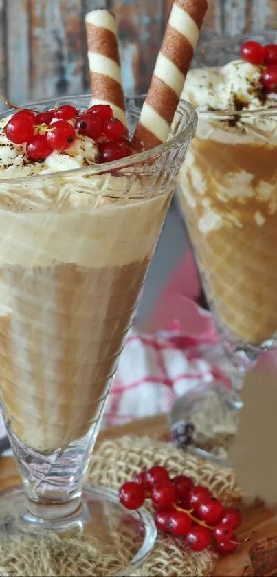 Ice cream dessert in glass with berries and chocolate swirls.