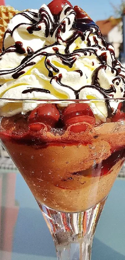 Two waffle-bowl ice cream sundaes with toppings outdoors.