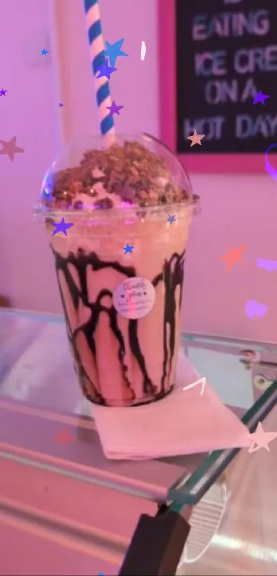 Vibrant ice cream shake with colorful decorations on display.