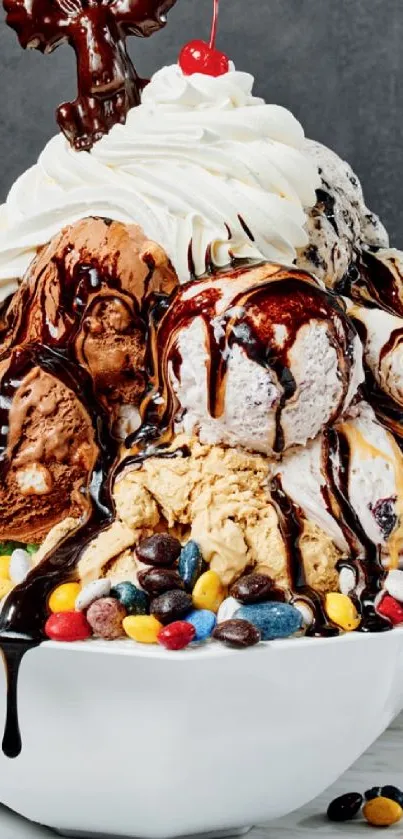 A vibrant ice cream sundae with chocolate and candies in a white bowl.