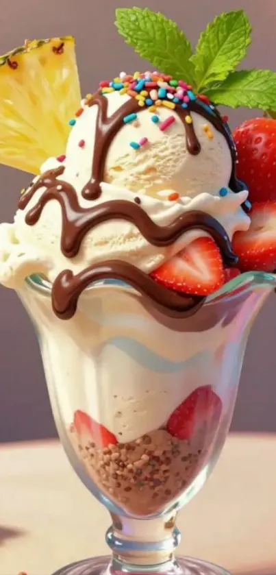 Ice cream sundae with strawberries and chocolate.