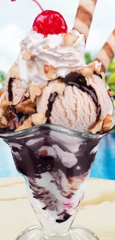 Ice cream sundae with chocolate drizzle and cherry in a sunny backdrop.