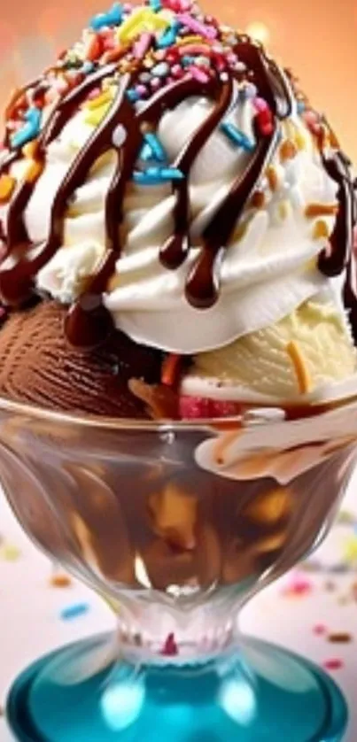 Ice cream sundae with sprinkles and chocolate syrup in a glass cup.