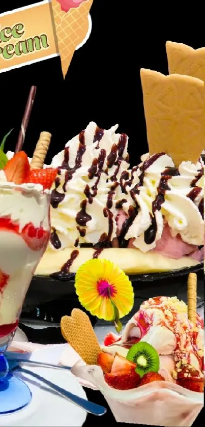 Colorful ice cream dessert display on black.