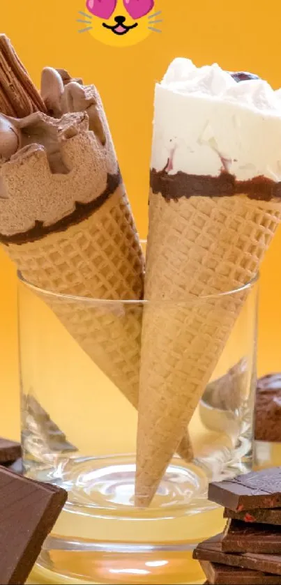 Chocolate and vanilla ice cream cones on yellow background.