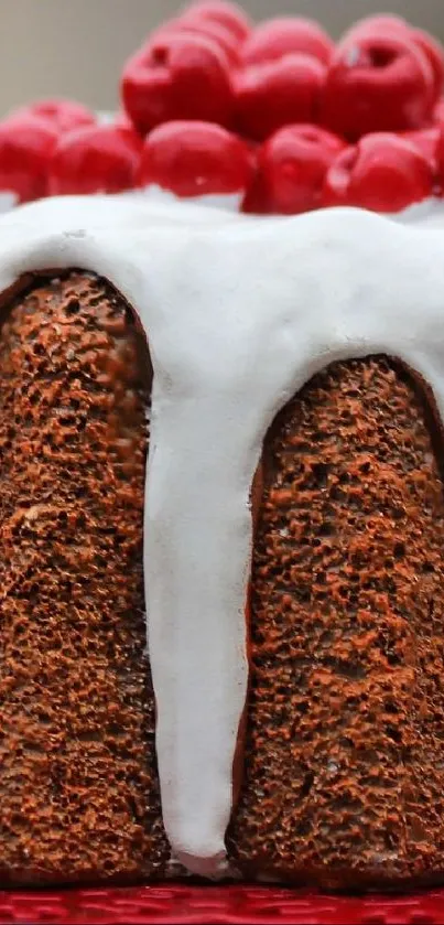 Close-up of chocolate cake with white icing and red cherry topping.