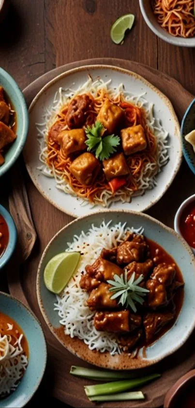Assorted Indian dishes with rice and sauces on wooden table.