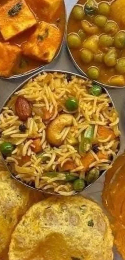 An appetizing spread of Indian cuisine with rice, curries, and snacks.