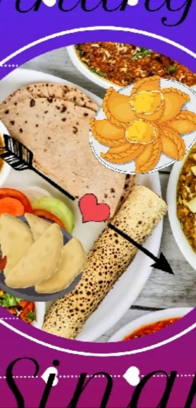 Colorful Indian food art with curry and roti.