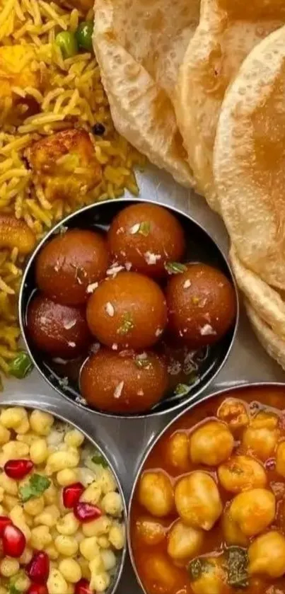 A colorful display of Indian dishes featuring biryani, gulab jamun, and puri.
