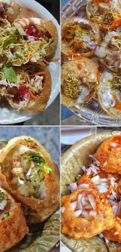 Assortment of Indian street food on plates.