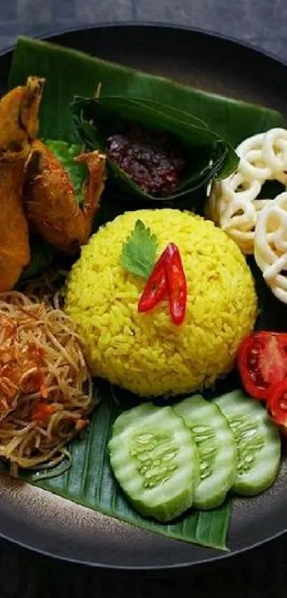 Colorful Indonesian dish with turmeric rice and vegetables.