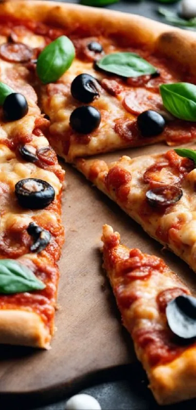 Close-up of delicious pizza with olives and basil.