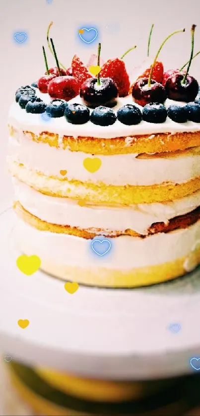 Layered cake with berries on a stand, perfect dessert wallpaper.