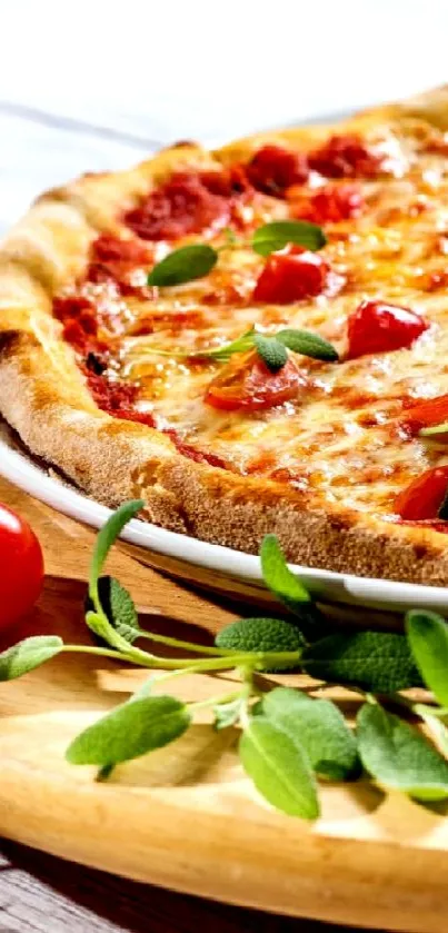 Vibrant Margherita pizza with tomatoes and basil on a wooden board.