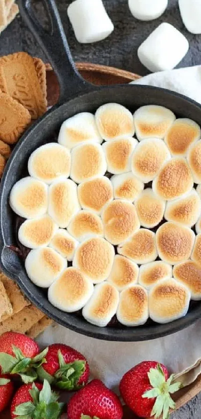 Toasted marshmallows with strawberries and biscuits in a cozy, delicious wallpaper.