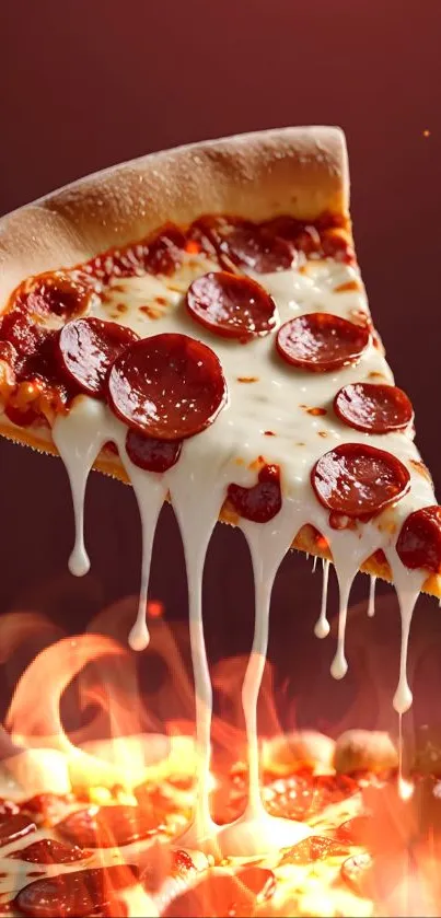 Gooey cheese pizza slice with pepperoni and flames.