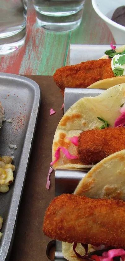 Mobile wallpaper with Mexican street tacos and elote.