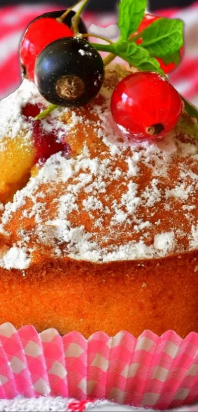 Close-up of a muffin with berries and powdered sugar topping.