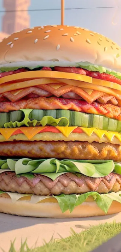 Vibrant multi-layered burger with fresh lettuce and cheese.