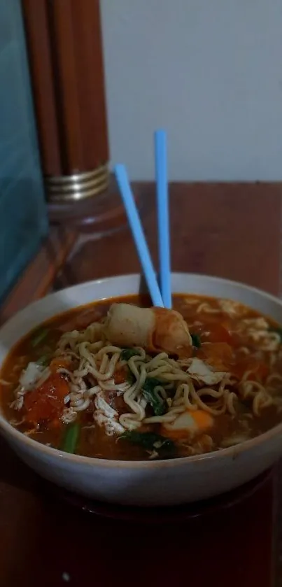 A vibrant bowl of noodles with vegetables.