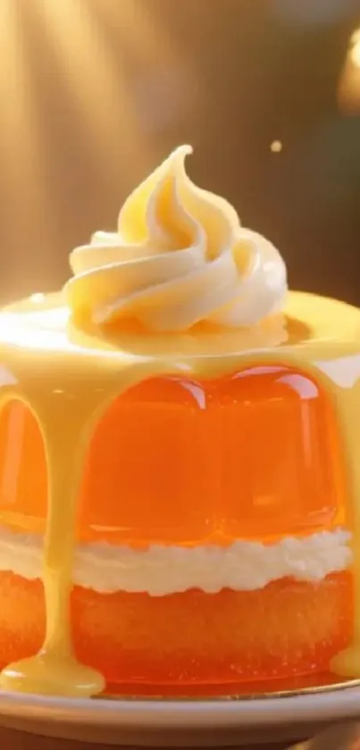 A delicious orange jelly dessert with whipped topping, beautifully lit.