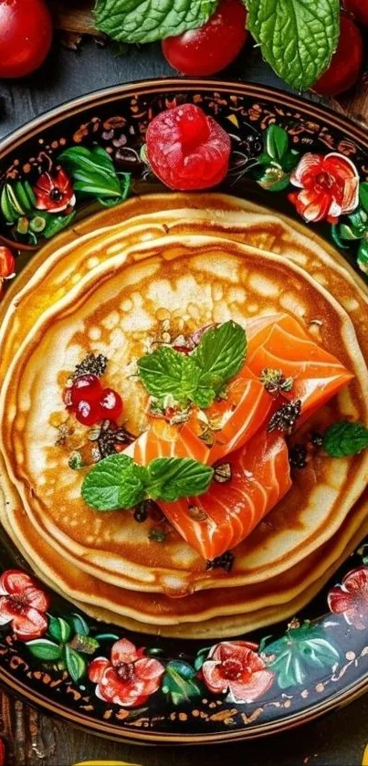 Artistic pancake with colorful toppings on a decorative plate.