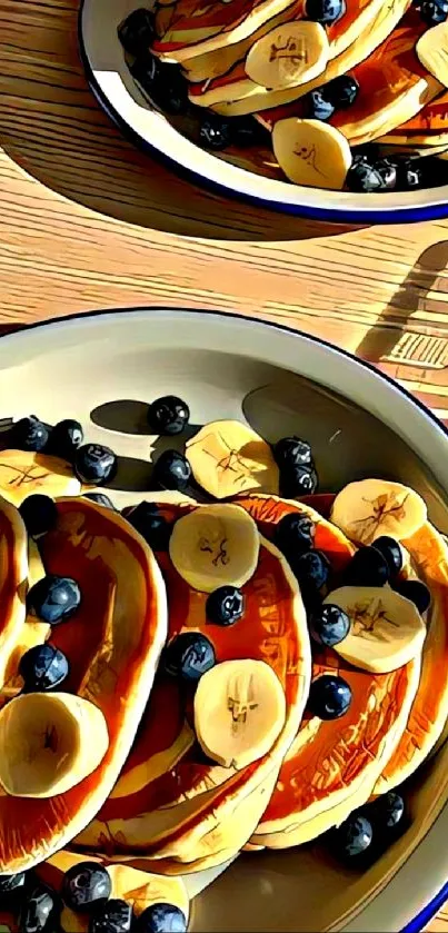 Pancakes with bananas and blueberries on a wooden table.