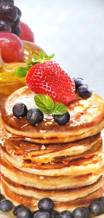 Stack of pancakes with berries and syrup on a plate, enticing and vibrant.