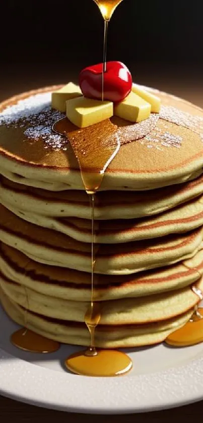 A tempting pancake stack with butter and syrup drizzled on top.