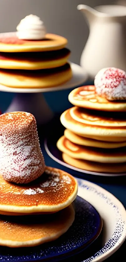 Stack of fluffy pancakes with berries and powdered sugar on plates.