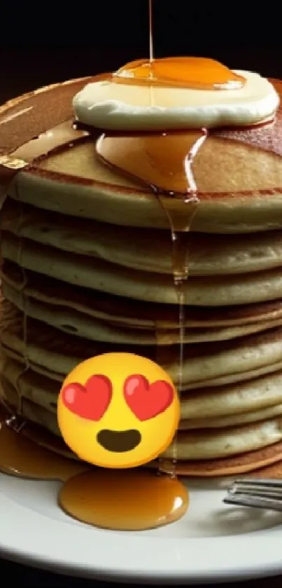 Stack of pancakes with syrup and butter on a plate.