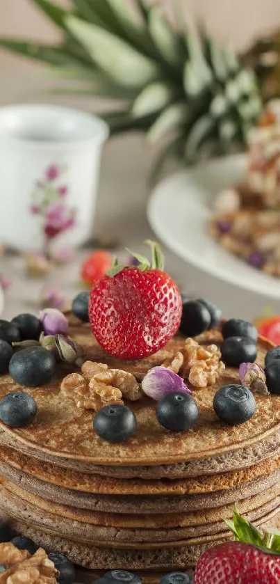 Stack of pancakes topped with berries and walnuts.