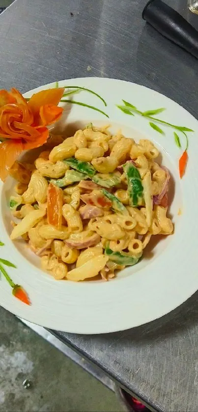 Gourmet pasta dish with colorful vegetable garnish in a white bowl.