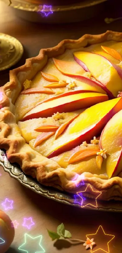 Golden peach tart with a decorative presentation on a rustic table.