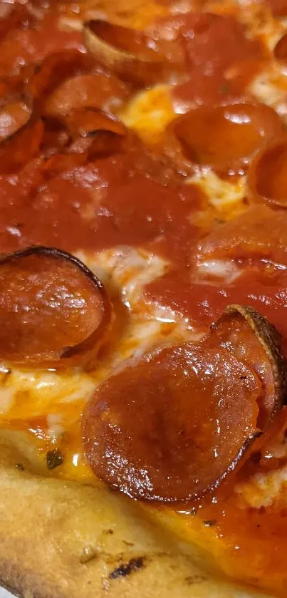 Close-up of pepperoni pizza slice with melted cheese and crispy crust.