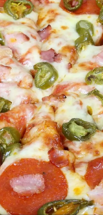 Close-up view of a cheesy pepperoni pizza with jalapeños.