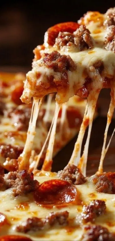 Close-up of a cheesy pepperoni pizza slice being lifted, showcasing gooey cheese.