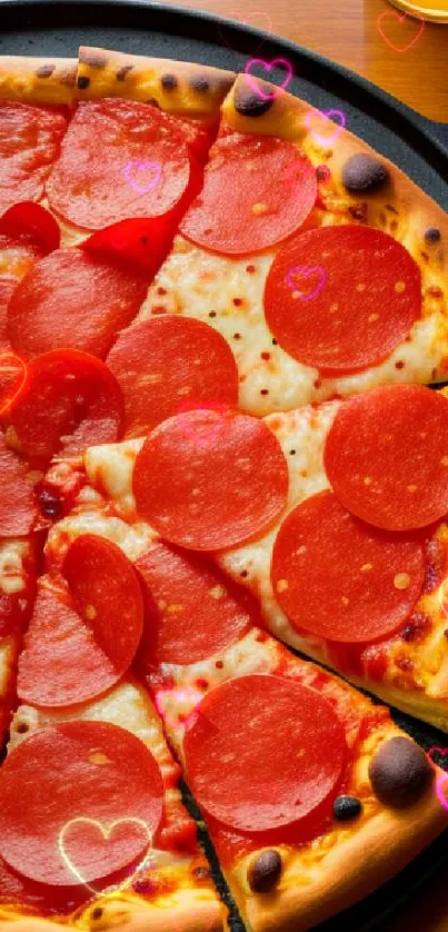 A delicious pepperoni pizza on a tray with a glass of orange juice.