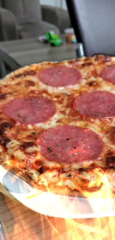 A hot pepperoni pizza with crispy crust and melty cheese.