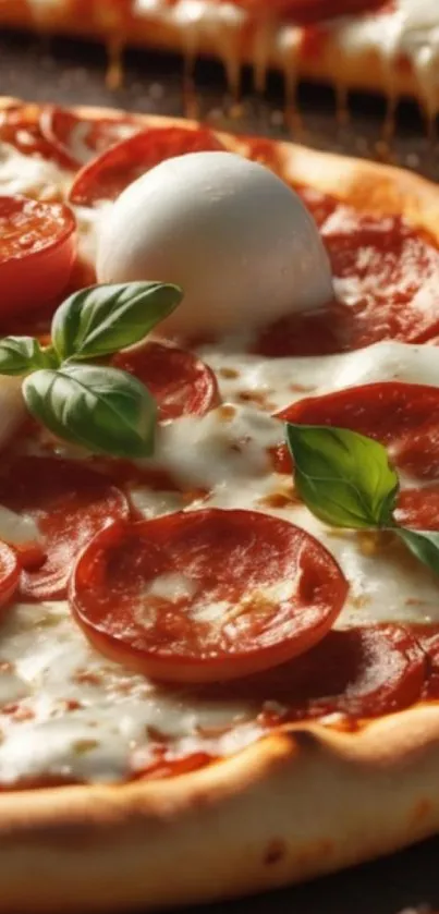 Close-up of pepperoni pizza with cheese and basil leaves.