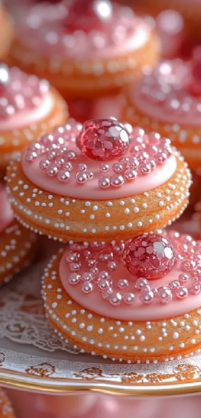 Pink iced cookies with sprinkles.